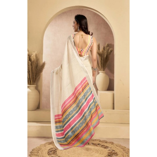 Generic Women's Faux Linen Floral Print Ready to wear Saree With Unstitched Blouse 5.5Mtr (Cream) Generic Women's Faux Linen Floral Print Ready to wear Saree With Unstitched Blouse 5.5Mtr (Cream)