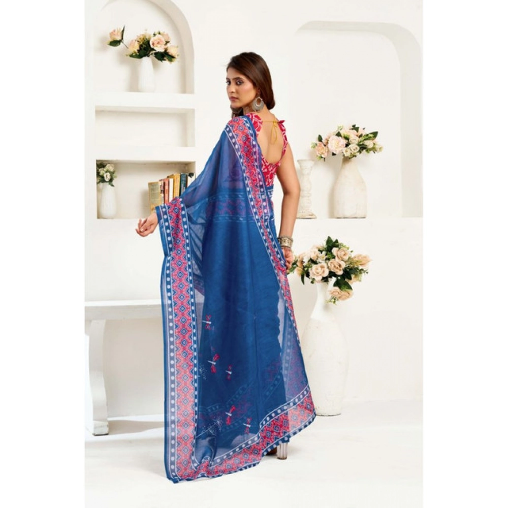 Generic Women's Linen Cotton Printed Ready To Wear Saree With Unstitched Blouse 5.5 Mtr (Blue)