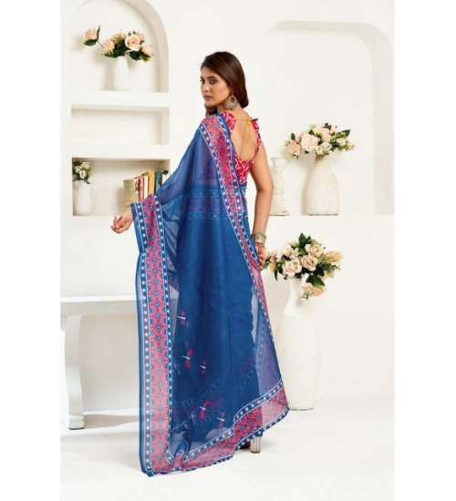 Generic Women's Linen Cotton Printed Ready To Wear Saree With Unstitched Blouse 5.5 Mtr (Blue)