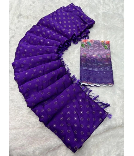 Generic Women's Printed Brasso Saree With Unstitched Blouse (Purple, 5-6 Mtrs)