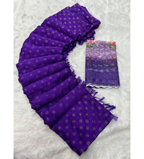 Generic Women's Printed Brasso Saree With Unstitched Blouse (Purple, 5-6 Mtrs)