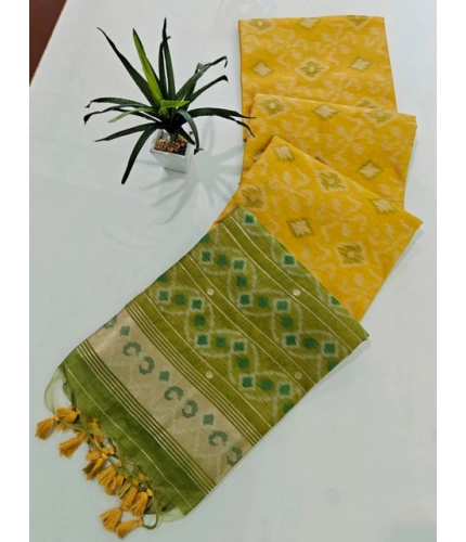 Generic Women's Raw Silk Ikkat Saree With Unstitched Blouse 5.5Mtr (Yellow)