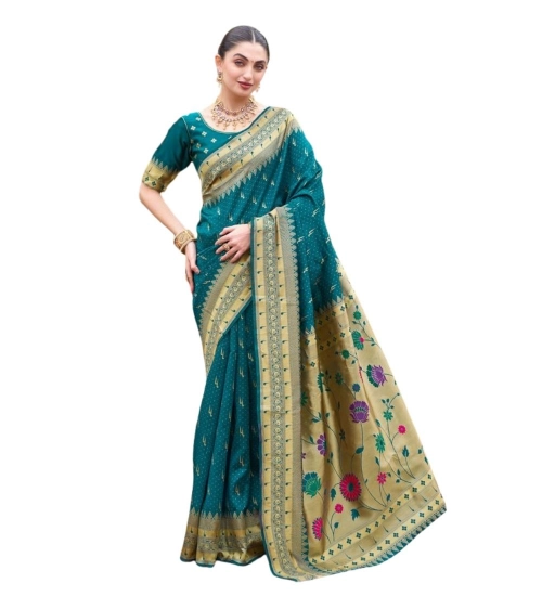 Generic Women's Silk Blend Paithani Weaving Saree With Unstitched Blouse 5.5Mtr (Teal)