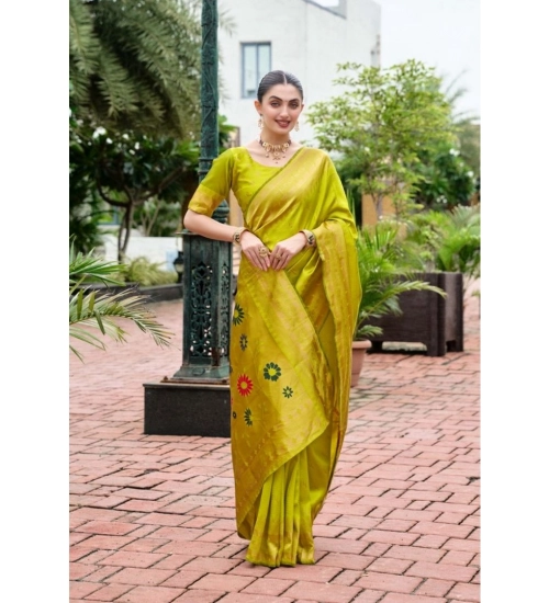 Generic Women's Silk Blend Zari Woven Saree With Unstitched Blouse 5.5Mtr (Lime Green)