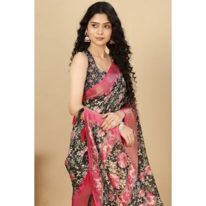 Generic Women's Cotton Silk Floral Printed Saree With Unstitched Blouse 5.5Mtr (Black)