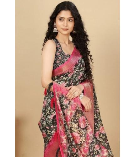 Generic Women's Cotton Silk Floral Printed Saree With Unstitched Blouse 5.5Mtr (Black)