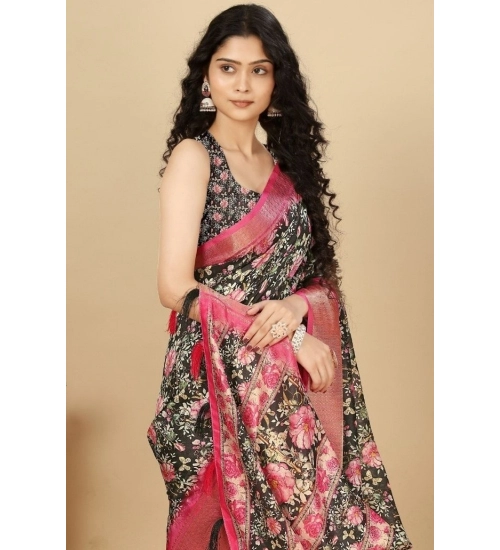 Generic Women's Cotton Silk Floral Printed Saree With Unstitched Blouse 5.5Mtr (Black)