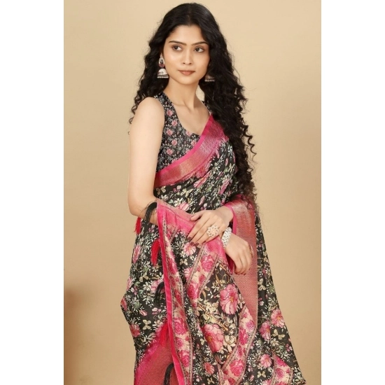 Generic Women's Cotton Silk Floral Printed Saree With Unstitched Blouse 5.5Mtr (Black)