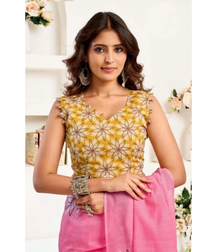 Generic Women's Faux Linen Floral Print Ready to wear Saree With Unstitched Blouse 5.5Mtr (Pink)