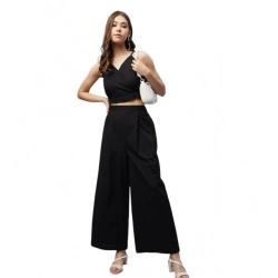 Generic Women's Cotton Linen Solid Sleeveless Crop Top and Palazzo Set (Black)
