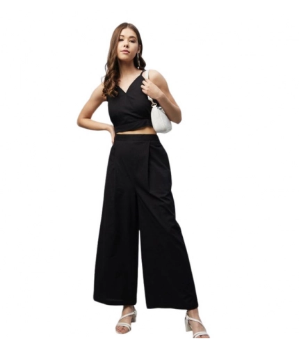 Generic Women's Cotton Linen Solid Sleeveless Crop Top and Palazzo Set (Black)