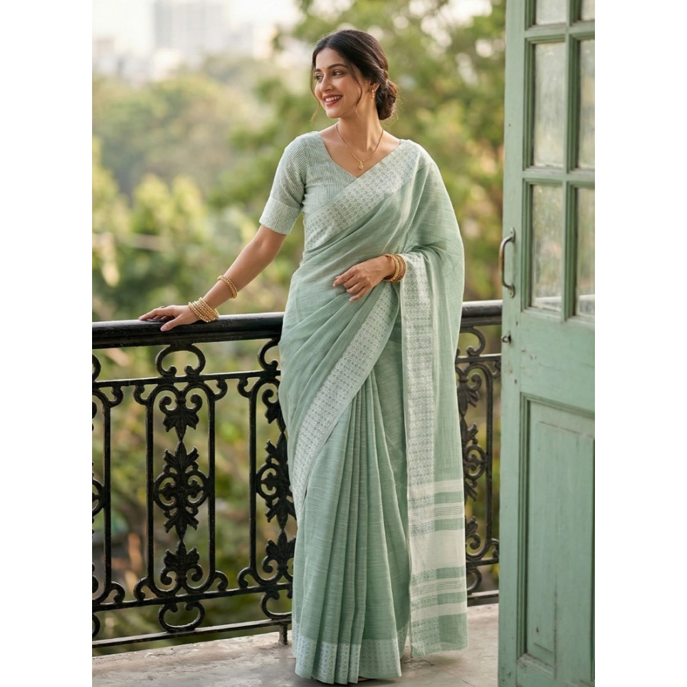 Generic Women's Linen Striped Saree With Unstitched Blouse 5.5Mtr (Sea Green)