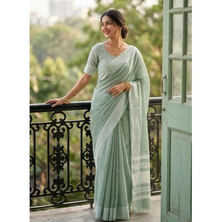 Generic Women's Linen Striped Saree With Unstitched Blouse 5.5Mtr (Sea Green)