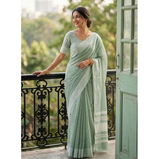 Generic Women's Linen Striped Saree With Unstitched Blouse 5.5Mtr (Sea Green) Generic Women's Linen Striped Saree With Unstitched Blouse 5.5Mtr (Sea Green)