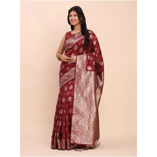 Generic Women's Banarasi Silk Printed Saree With Unstitched Blouse 5.5Mtr (Maroon)