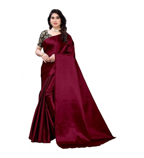 Generic Women's Satin Printed Saree With Unstitched Blouse 5.5Mtr (Maroon)