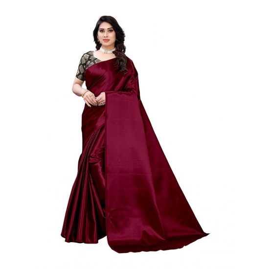 Generic Women's Satin Printed Saree With Unstitched Blouse 5.5Mtr (Maroon)