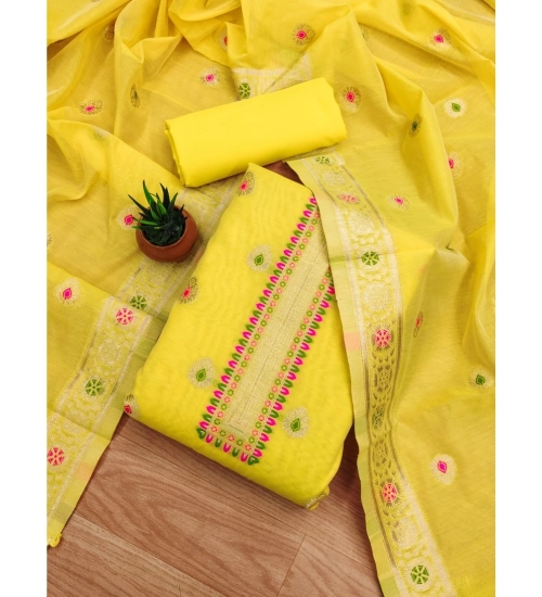 Generic Women's Banarasi Silk Printed Unstitched Salwar Suit Material With Dupatta (Yellow, 3Mtrs)