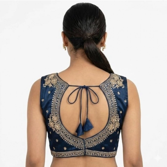 Generic Women's Silk Embroidered V-Neck Sleeveless Readymade Padded Blouse (Blue, Size 38)