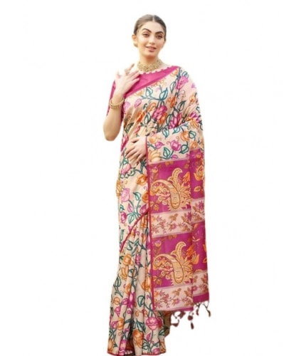 Generic Women's Faux_Tussar Kalamkari_Print Saree With Unstitched Blouse 5.5Mtr (Pink)