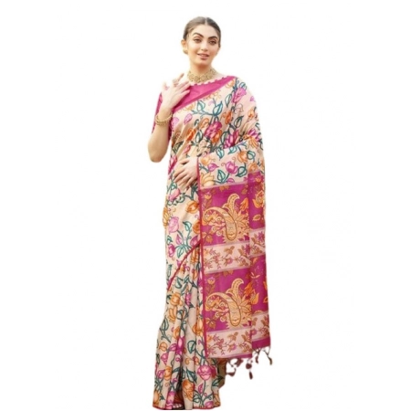 Generic Women's Faux_Tussar Kalamkari_Print Saree With Unstitched Blouse 5.5Mtr (Pink) Generic Women's Faux_Tussar Kalamkari_Print Saree With Unstitched Blouse 5.5Mtr (Pink)