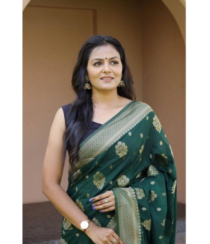 Generic Women's Soft Lichi Silk Printed Saree With Unstitched Blouse 5.5Mtr (Bottle-Green)