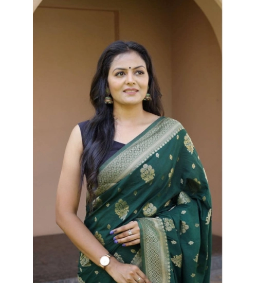 Generic Women's Soft Lichi Silk Printed Saree With Unstitched Blouse 5.5Mtr (Bottle-Green)