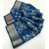 Generic Women's Cotton Silk Floral Printed Saree With Unstitched Blouse 5.5Mtr (Blue)