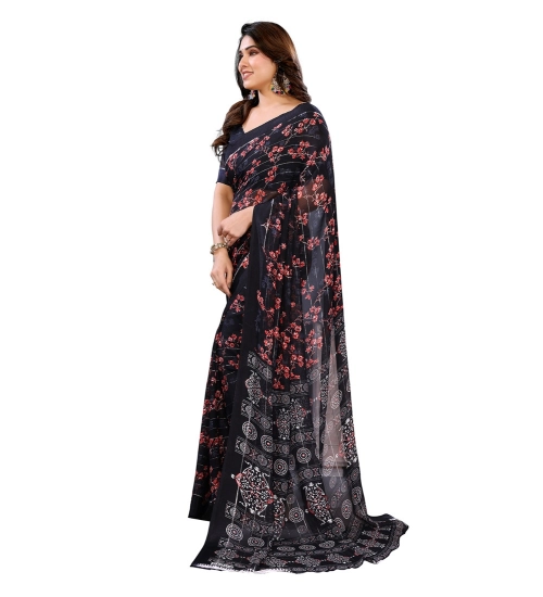 Generic Women's Georgette Printed Saree With Unstitched Blouse 5.5Mtr (Navy Blue)