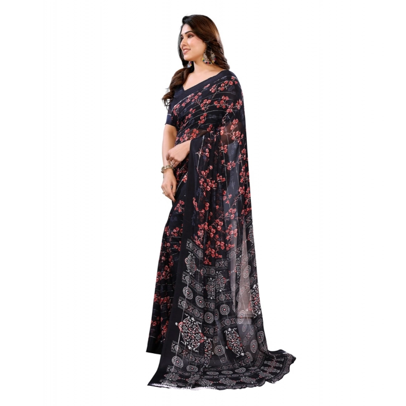 Women's Georgette Printed Saree With Unstitched Blouse 5.5Mtr (Navy Blue)