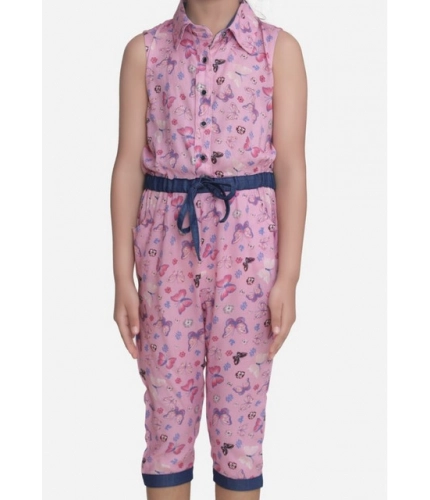 Generic Girl's Cotton Printed Sleeveless Jumpsuit (Pink)