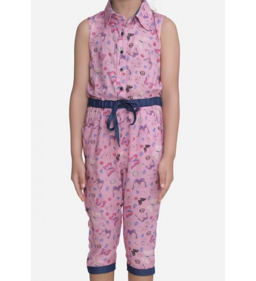 Generic Girl's Cotton Printed Sleeveless Jumpsuit (Pink)