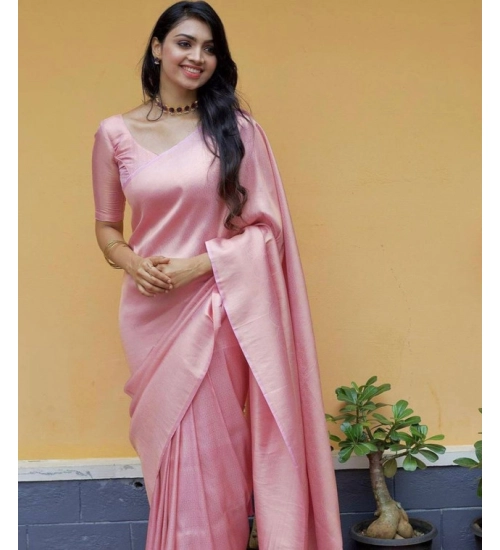 Generic Women's Litchi silk Printed Saree With Unstitched Blouse (Light Pink)