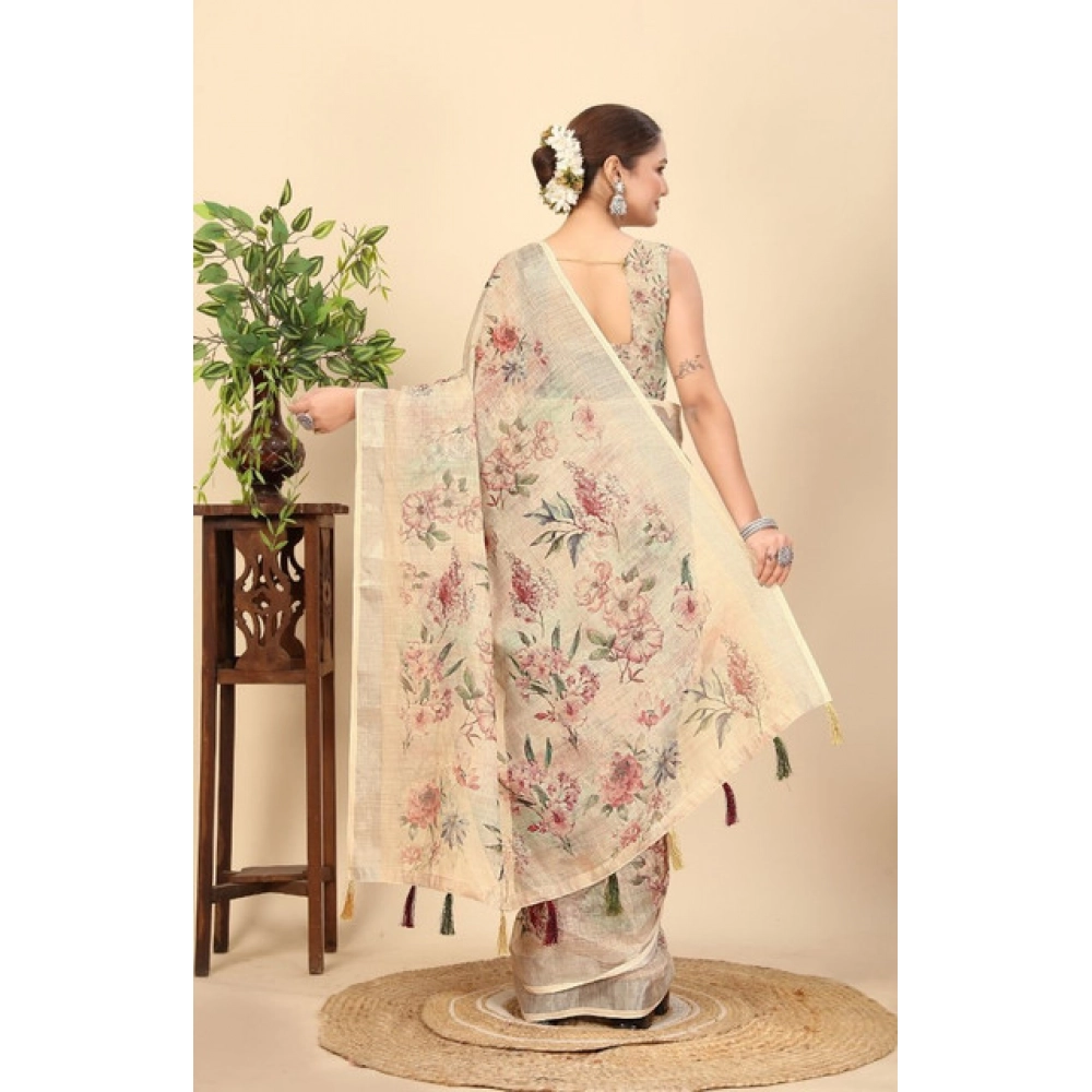 Women's Cotton Silk Floral Printed Saree With Unstitched Blouse 5.5Mtr (Cream)