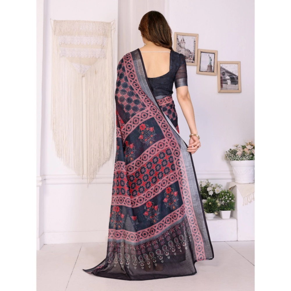 Generic Women's Linen Cotton  Printed Saree With Unstitched Blouse 5.5Mtr (Black)