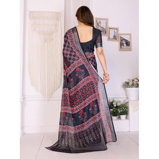 Generic Women's Linen Cotton Printed Saree With Unstitched Blouse 5.5Mtr (Black) Generic Women's Linen Cotton Printed Saree With Unstitched Blouse 5.5Mtr (Black)