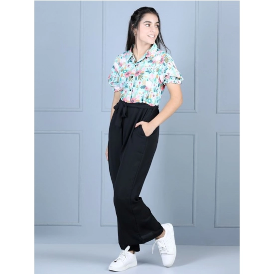 Generic Girl's Polyester Floral Short Sleeves Jumpsuit (Green-Black) Generic Girl's Polyester Floral Short Sleeves Jumpsuit (Green-Black)