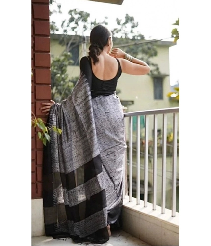 Generic Women's Soft Lilan Printed Saree With Unstitched Blouse 5.5Mtr (Black)