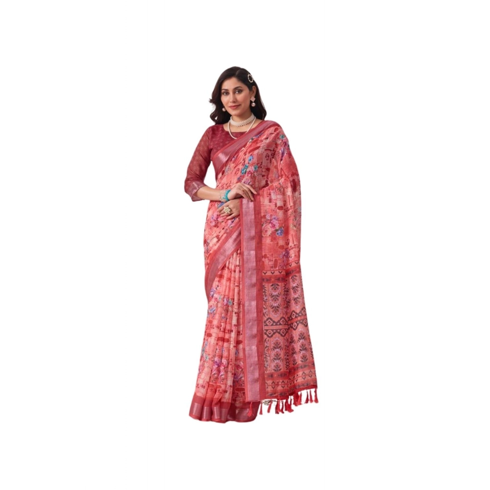 Generic Women's Faux_Linen Printed Saree With Unstitched Blouse 5.5Mtr (Rose)