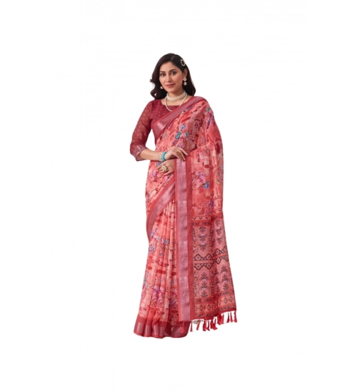 Generic Women's Faux_Linen Printed Saree With Unstitched Blouse 5.5Mtr (Rose)