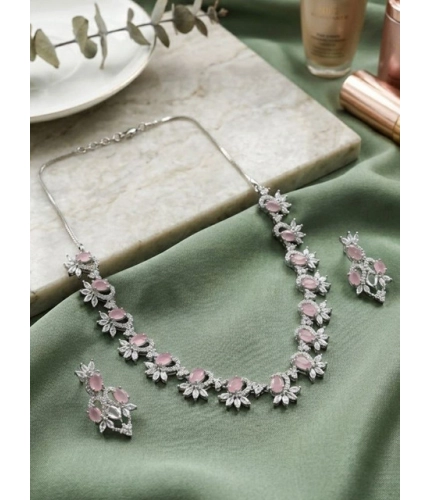 Generic Women's Brass Silver Plated Necklace set (Pink)