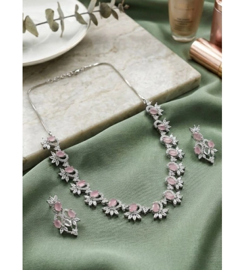 Generic Women's Brass Silver Plated Necklace set (Pink)
