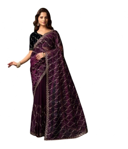 Generic Women's Net Sequence Saree With Unstitched Blouse 5.5Mtr (Purple)