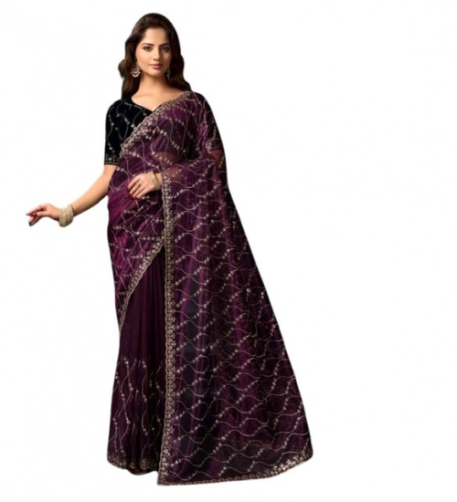 Generic Women's Net Sequence Saree With Unstitched Blouse 5.5Mtr (Purple)