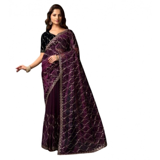 Generic Women's Net Sequence Saree With Unstitched Blouse 5.5Mtr (Purple) Generic Women's Net Sequence Saree With Unstitched Blouse 5.5Mtr (Purple)