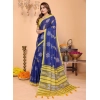 Generic Women's Linen Cotton Printed Saree With Unstitched Blouse 5.5Mtr (Blue)