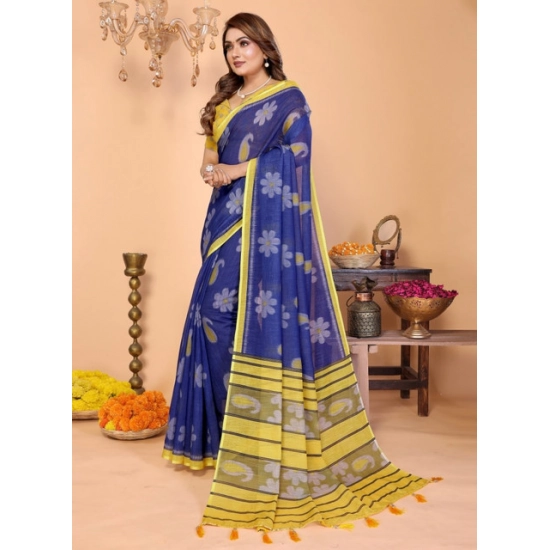 Generic Women's Linen Cotton Printed Saree With Unstitched Blouse 5.5Mtr (Blue) Generic Women's Linen Cotton Printed Saree With Unstitched Blouse 5.5Mtr (Blue)
