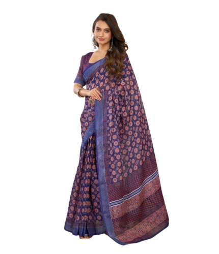 Generic Women's Faux Linen Floral Print Ready to wear Saree With Unstitched Blouse 5.5Mtr (Dark_NavyBlue)