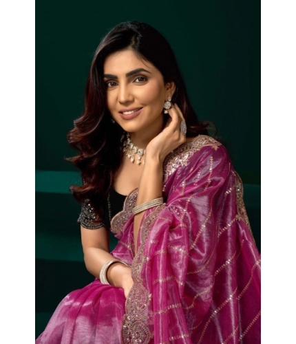 Generic Women's Net Sequence Saree With Unstitched Blouse 5.5Mtr (Pink)