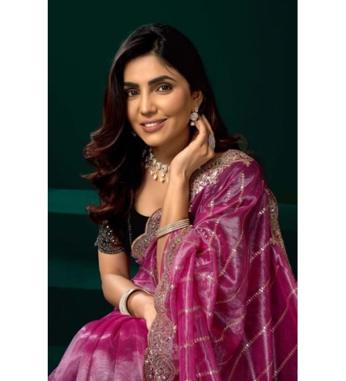 Generic Women's Net Sequence Saree With Unstitched Blouse 5.5Mtr (Pink)